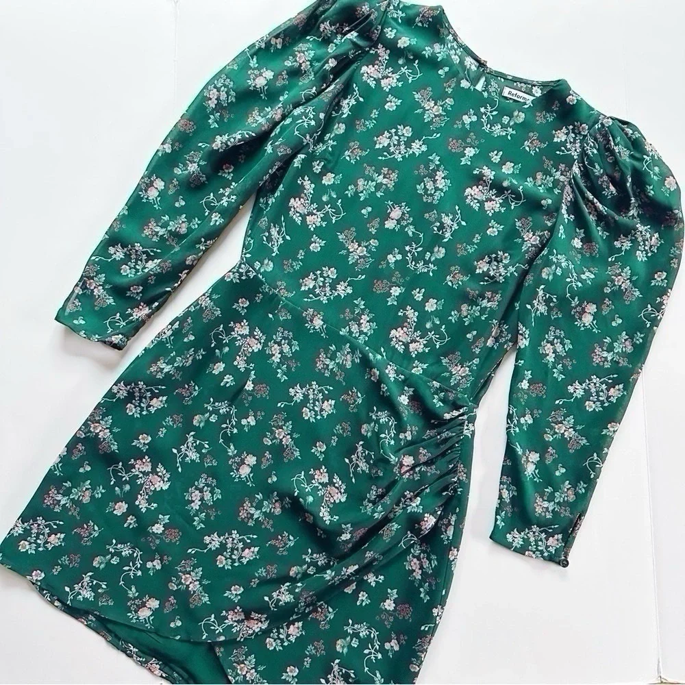NEW Reformation Juni Floral Puff Sleeve Dress Green - Picture 9 of 15